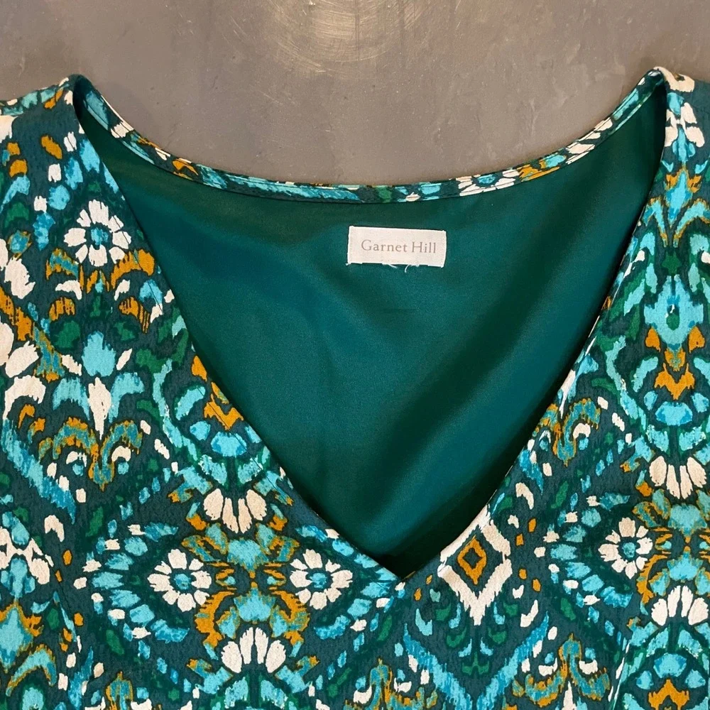 Garnet Hill Green Ikat Geometric V-Neck Drop Waist Tiered Dress Pockets Size 12 - Picture 2 of 9